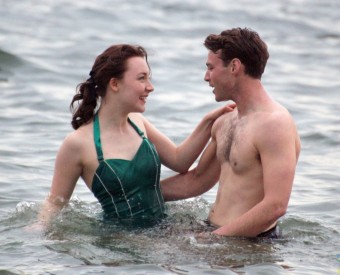Saoirse Ronan and Emory Cohen film scenes for movie 'Brooklyn' at Coney Island